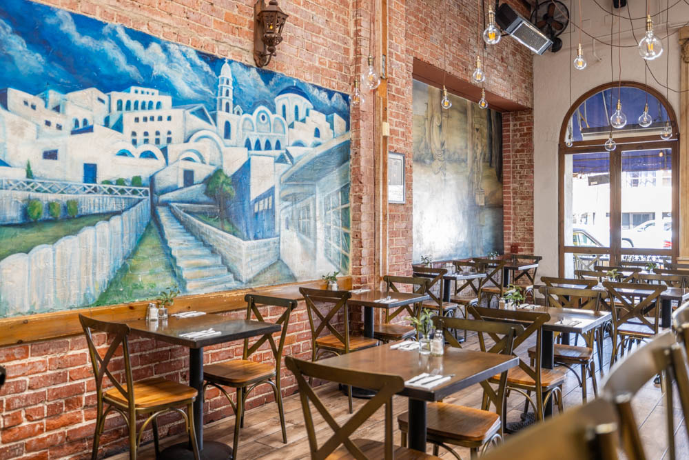 The dining room and Greek mural at George’s
